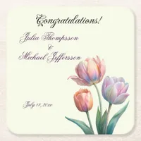 Romantic and Poetic Pastel Tulips Watercolor Square Paper Coaster