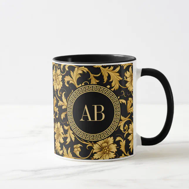 Monogram Black Gold Classy Elegant Pattern Mug