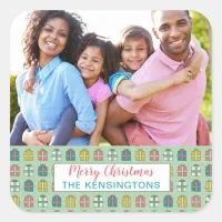 Mint Pink Teal Christmas Pattern Holiday Photo Square Sticker