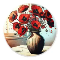 Pretty Vase of Red Poppies ai art Ceramic Knob