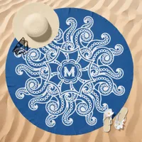 Octopus Mandala Monogram Blue Beach Towel