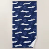 Cruise Ship Nautical Blue White Pattern Beach Towel