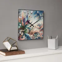 Vibrant Abstract Floral Design in Soft Colors Square Wall Clock