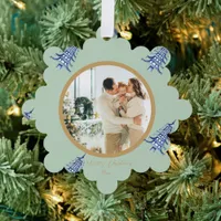 Sage Blue Pagoda Merry Christmas Tree 2-Photo Ornament Card