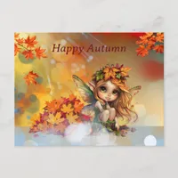 Cute Autumn Fairy with Fallen Leaves Postcard