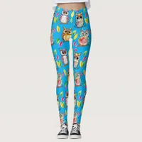 Colorful Woodland Owls and Leaves Watercolor Leggings