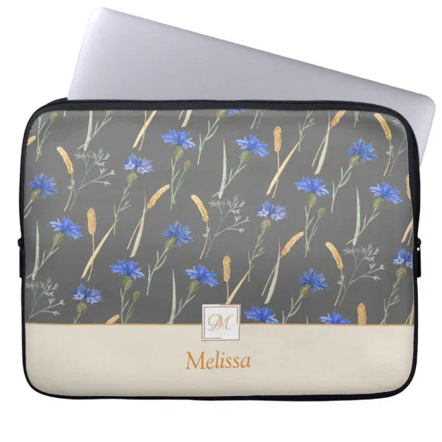 Grey Floral Wildflower Monogram Laptop Sleeve