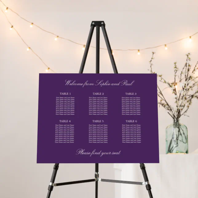 Dark Purple 6 Table Wedding Seating Chart Foam Board