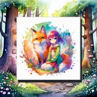 Pretty Watercolor Anime Girl and Fox Canvas Print