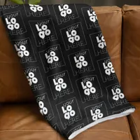 Custom Company White Logo Pattern on Black Fleece Blanket