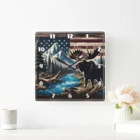 Moose by Lake With Mountain and Flag Background Square Wall Clock