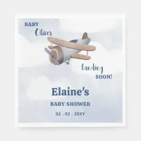 Landing Soon Blue Boy Airplane Baby Shower Napkins