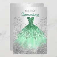 Silver Green Sparkle Dress Quincea&#241;era Quince Invitation