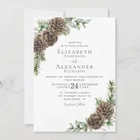 Watercolor Pine Cone Greenery Winter Wedding Invitation