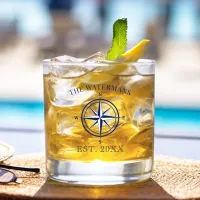 Nautical Compass Rose Navy Blue Family Name Whiskey Glass