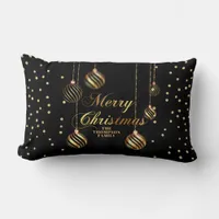 Modern Gold Script Confetti Black Family Christmas Lumbar Pillow