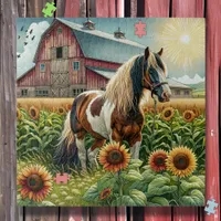 Spotted Horse, Rustic Barn, Sun Rising on Farm Jigsaw Puzzle