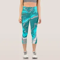 Turquoise and Teal Marble Fluid Art   Capri Leggings