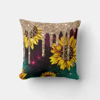 *~* Gold Glitter Drip Drips Leopard Sunflowers Throw Pillow