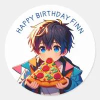 Happy Birthday | Anime Boy's Pizza Party Classic Round Sticker