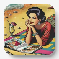 Retro Lady at Beach Daydreaming about Fashion Paper Plates