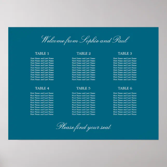 Turquoise 6 Table Wedding Seating Chart Poster