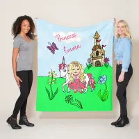 Pretty coral Princess and Unicorn Personalized Fleece Blanket