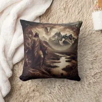 Jesus Amidst Mountains and River in Nature Throw Pillow