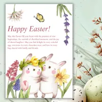 Cute Watercolor Bunnies Spring Flowers Easter Holiday Card