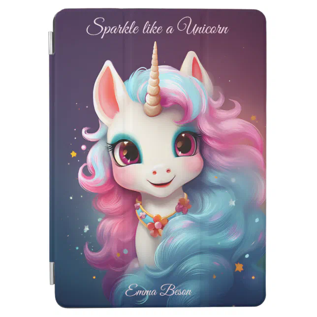 Cute Unicorn Cartoon in Pink & Purple Personalized iPad Air Cover