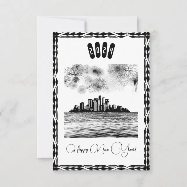 City skyline and fireworks black&white - new year card