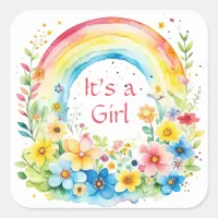Watercolor Rainbow and Flowers It's a Girl Square Sticker