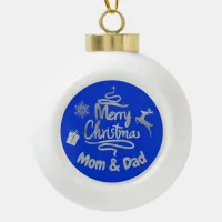 Mom and Dad Merry Christmas Silver on Blue | Ceramic Ball Christmas Ornament