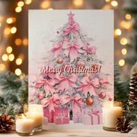 Pretty Pink Bow Christmas Tree Merry Christmas Holiday Card