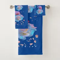 Water Droplets on Pink & Blue Roses on Blue | Bath Towel Set