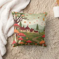 Whimsical Cottage Core Village in the Forest Throw Pillow