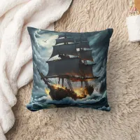 Pirate Ship Engulfed in Flames at Night Throw Pillow