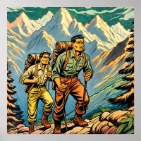 Backpacking Men Hiking Trail through Mountains Poster