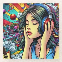 Girl Listening to Music on Headphones Psychedelic Glass Coaster