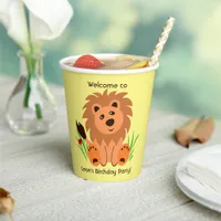 Cute lion in the grass with ladybug, kids birthday paper cups