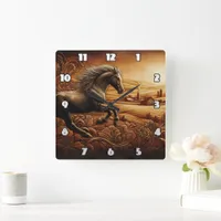 Black Horse Galloping in Golden Fields Square Wall Clock