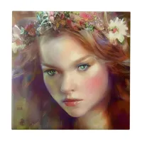 Dreamy kitschy Maiden with Flower Wreath AI Art Ceramic Tile