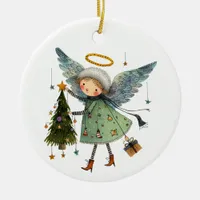 Cute Angel with a Christmas Tree Ceramic Ornament