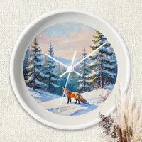 Elegant Pretty Watercolor Red Fox in Winter Snow Clock