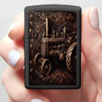 Carved Tractor on Leather Zippo Lighter