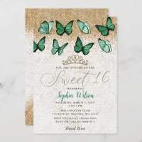 Emerald Green Gold Glitter Butterfly Sweet 16 Invitation