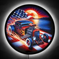 Vintage hot rod racing at sunset near the lake LED sign