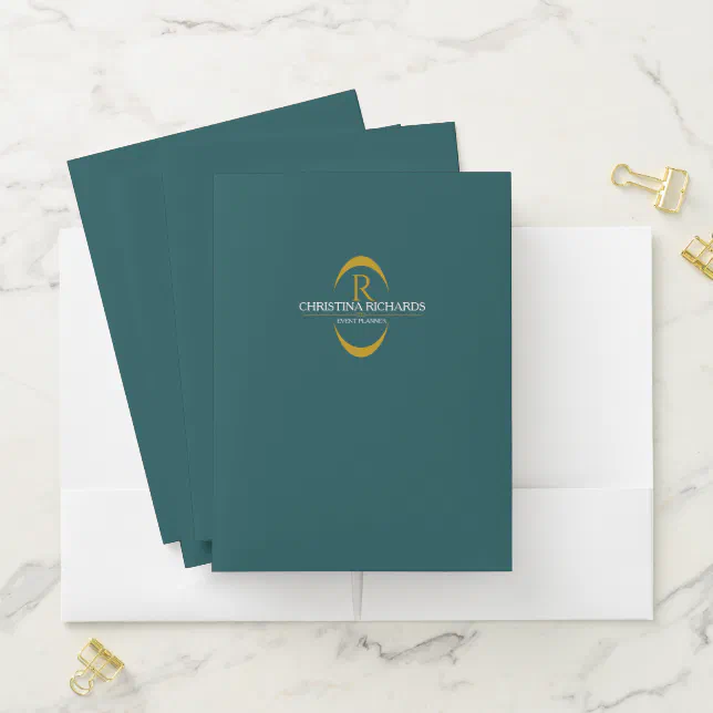 Gold Monogram Teal Modern Elegant Business Pocket Folder