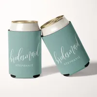 Dusty Teal Bridesmaid Modern Script  Can Cooler