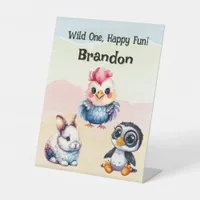 Wild One Happy Fun Woodland Animals Watercolor Pedestal Sign